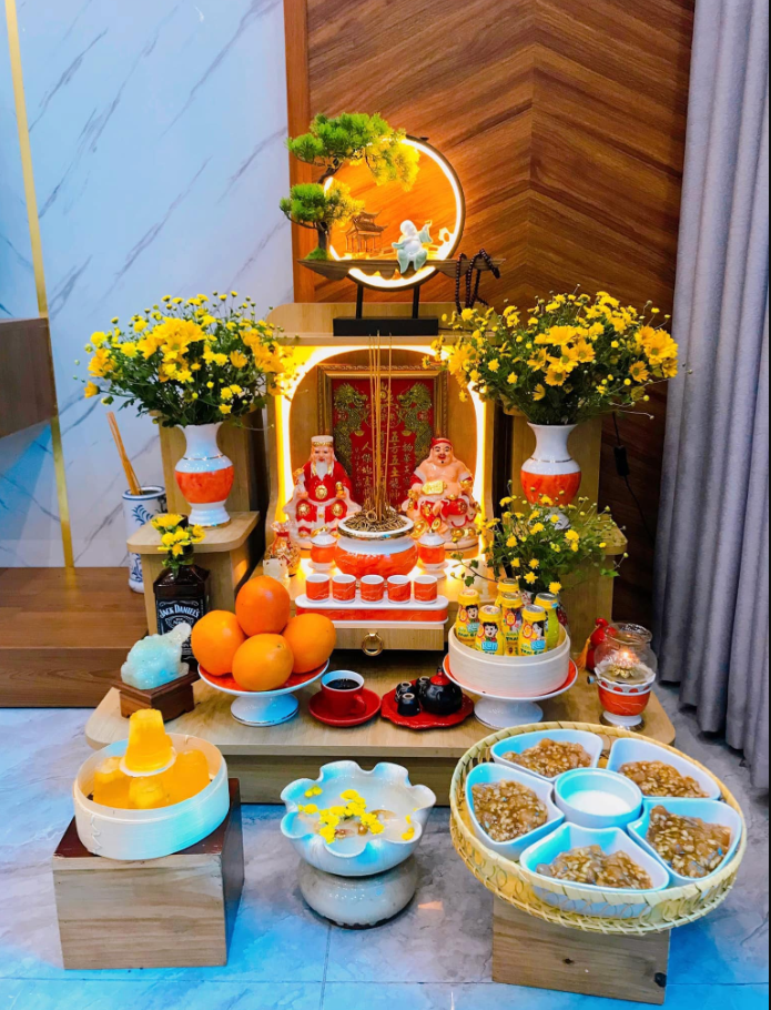 Bộ Bàn Thờ Thần Tài Mái Bằng Đồ Thờ Sứ Đỏ Đắp Nổi